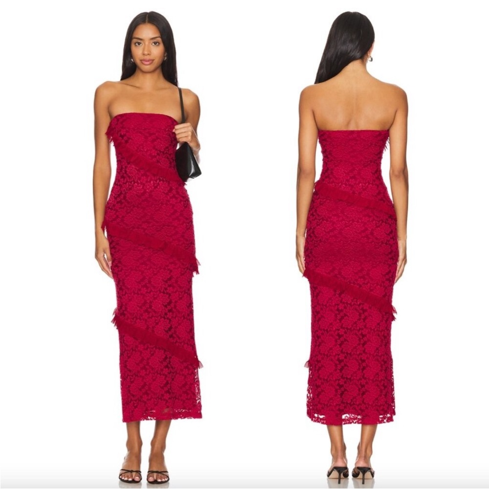 More To Come Xandra Red Lace Ruffle Stretch Midi Strapless Dress size medium